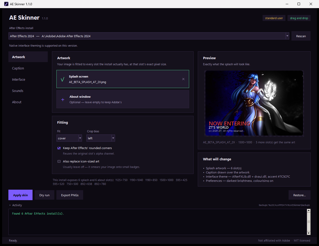 AE Skinner's Artwork page: an After Effects install picker, a dropped splash image, fitting options, and a live preview of the resulting splash screen.