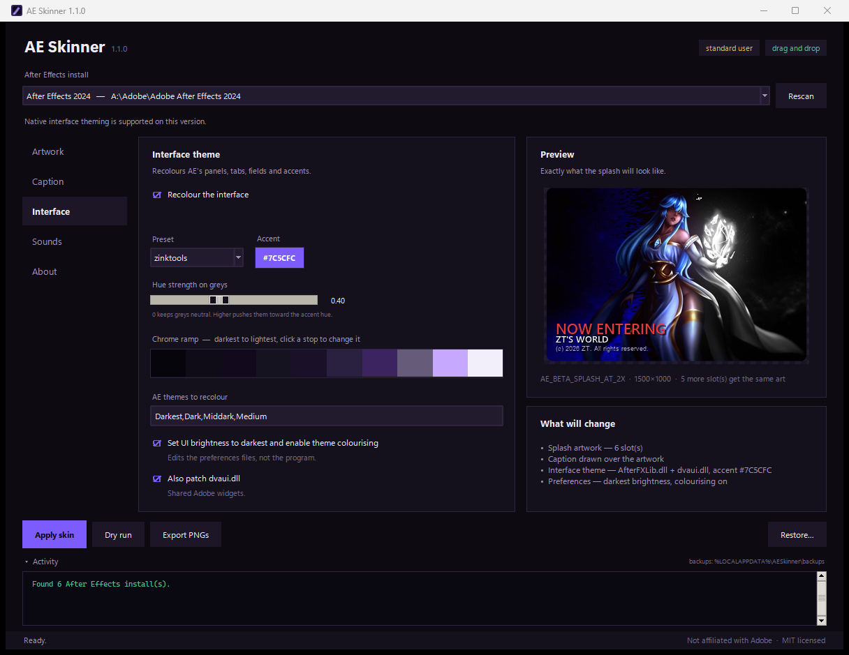 AE Skinner's Interface page: accent color picker, hue strength slider, an editable chrome ramp of ten grey-to-accent stops, and the list of After Effects themes to recolor.